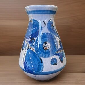 Blue Floral Tonala Mexican Ceramic Vase, 11.24"tall.  Signed "AMexico" 1992